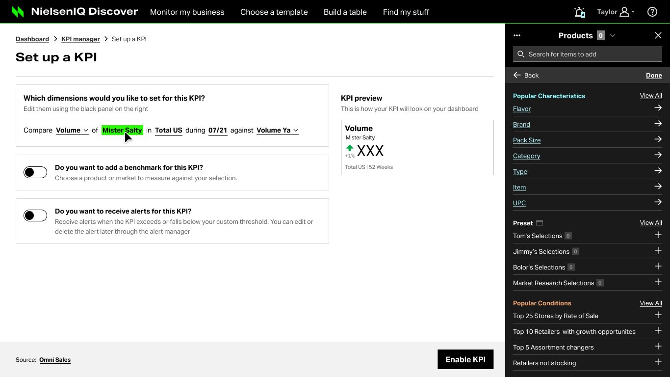 Set up a KPI — market + dimension configuration with live preview panel