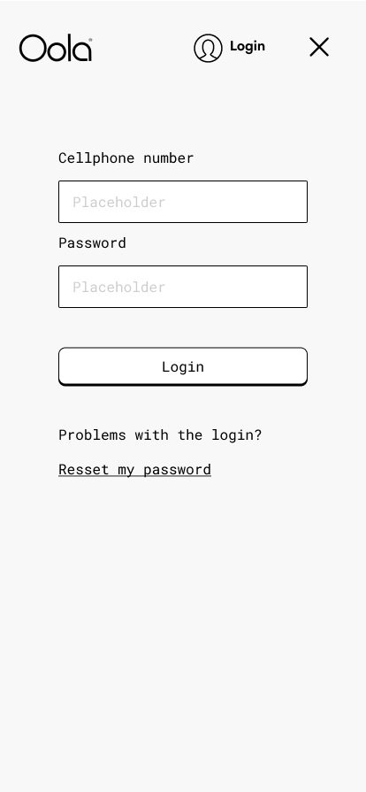 Mobile login overlay — Oola app authentication screen · cellphone-first sign-in flow