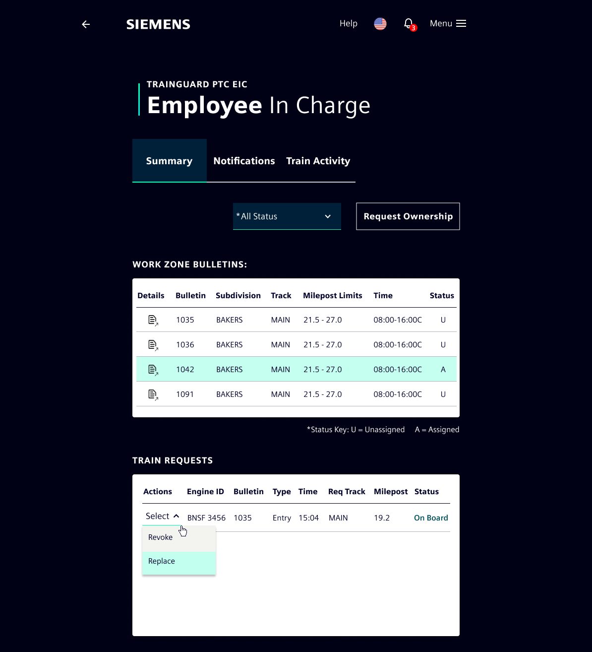 Employee In Charge — TRAINGUARD PTC EIC screen · dark mode · train bulletins + requests