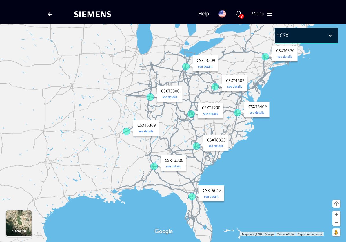 Map View — live railroad network with train positions across Eastern US