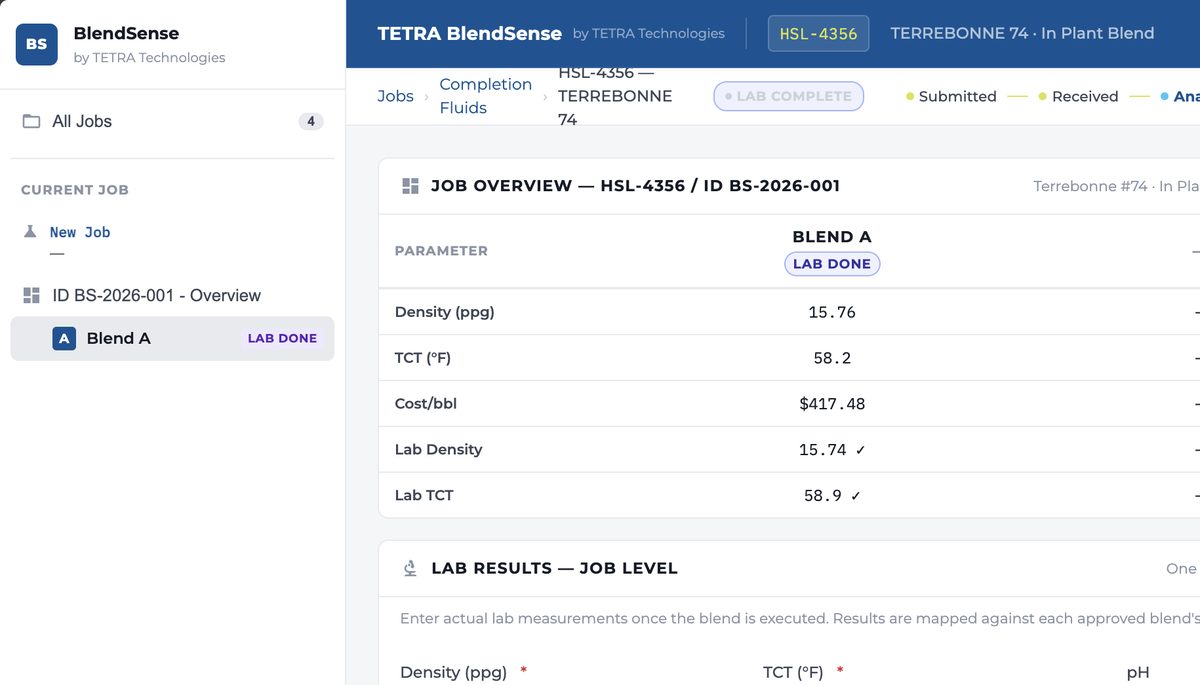 TETRA BlendSense application — main job overview
