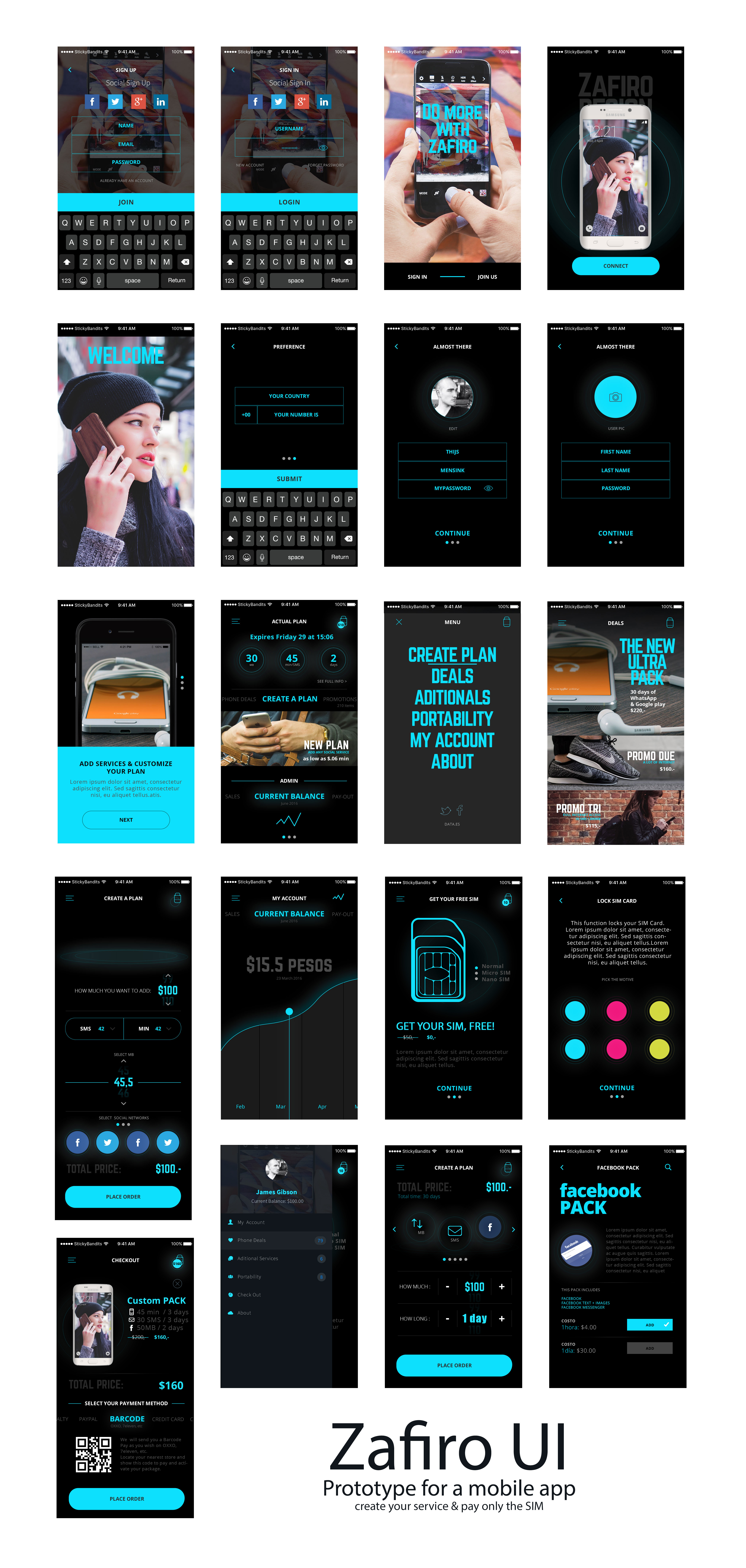 Zafyro mobile app high-fidelity UI