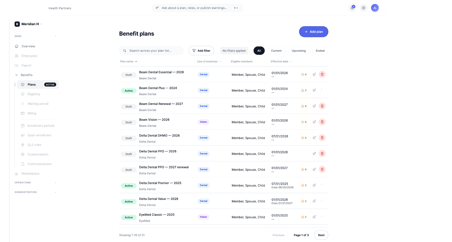 Benefits administration platform — plan list screen
